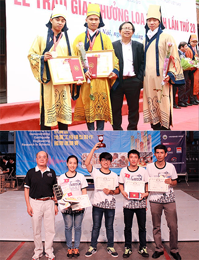 Sinh viên Khoa Kiến trúc nhận giải Ba và giải Hội đồng Loa Thành 2016 (ảnh trên); Sinh viên Khoa Xây dựng đoạt Cup Vô địch IDEERS châu Á - Thái Bình Dương năm 2014 tại Đài Loan (ảnh dưới)