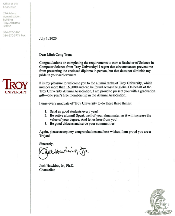 Hiệu trưởng Đại học Troy (Mỹ) gửi thư chúc mừng sinh viên Duy Tân tốt nghiệp khóa đầu