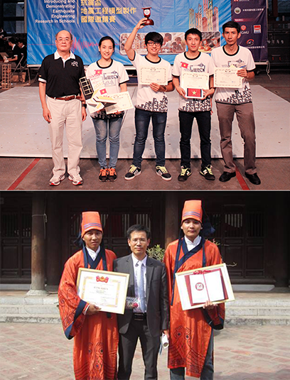 Sinh viên Duy Tân với Cup Vô địch IDEERS châu Á - Thái Bình Dương (ảnh trên) và nhận Giải thưởng Loa thành (ảnh dưới)