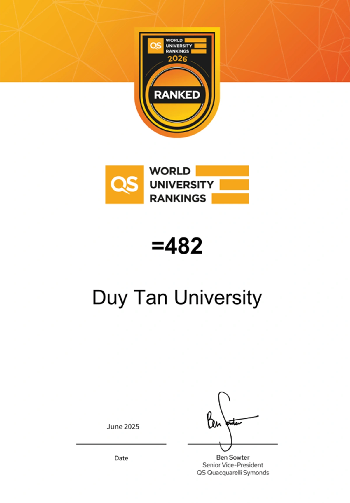 ĐH Duy Tân xếp hạng = 482 thế giới trên bảng xếp hạng QS World University Rankings 2026