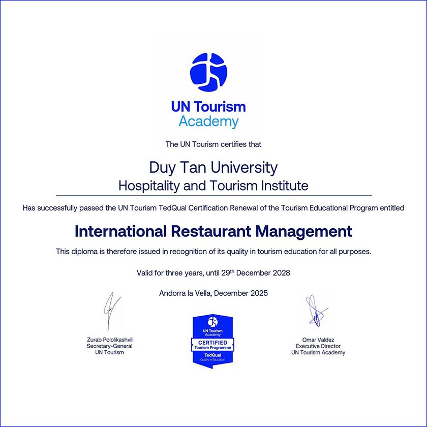 Chứng nhận kiểm định UN Tourism TedQual ngành Quản trị Nhà hàng Quốc tế của DTU 2025-2028