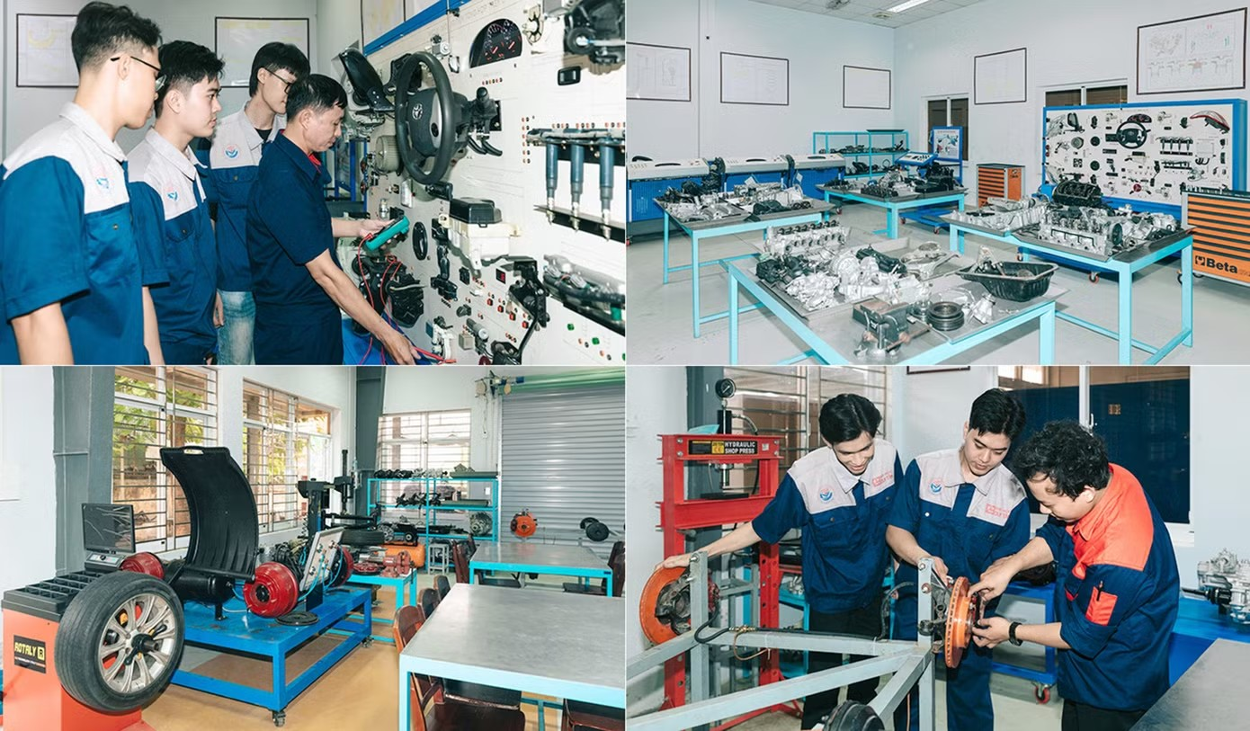 Xưởng Thực hành Ôtô của ĐH Duy Tân với đầy đủ các thiết bị hiện đại cho sinh viên học tập