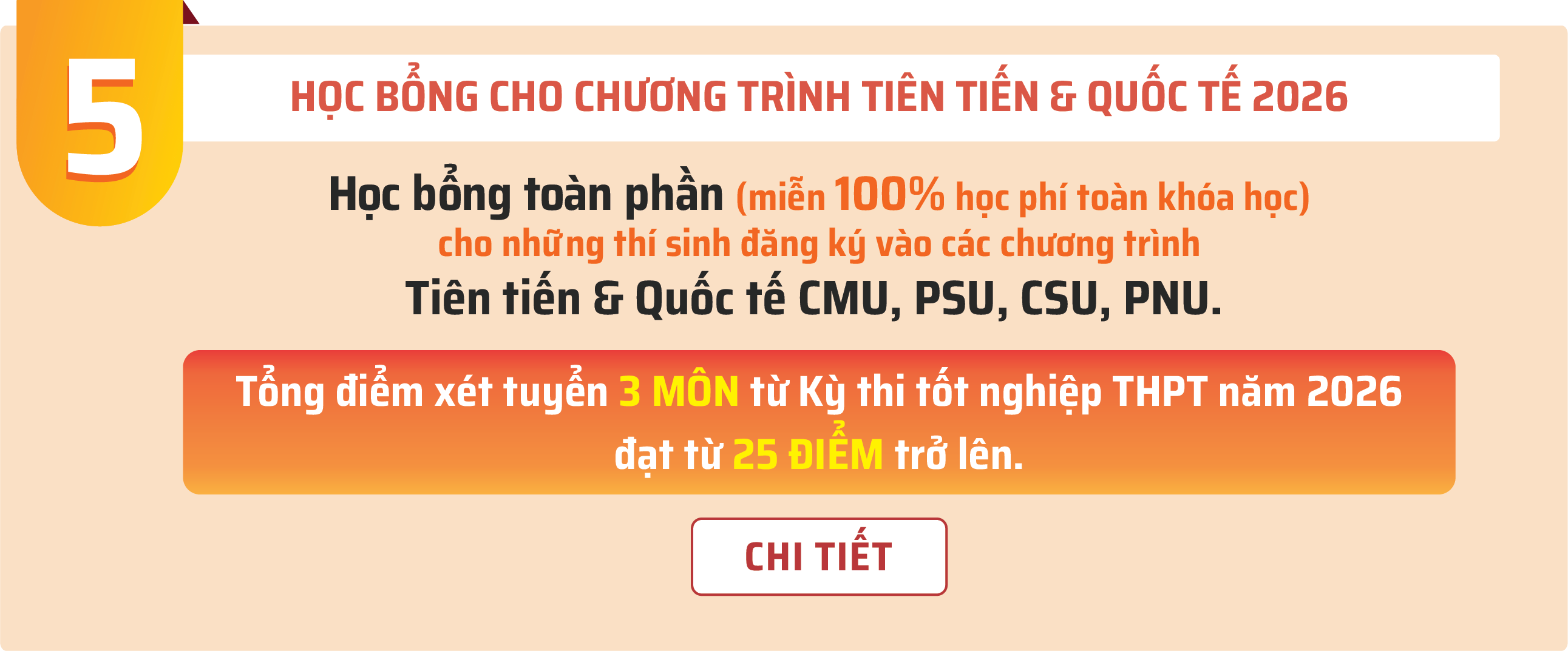 Học bổng chương trình Tiên tiến & Quốc tế CMU, PSU, CSU, PNU năm 2026