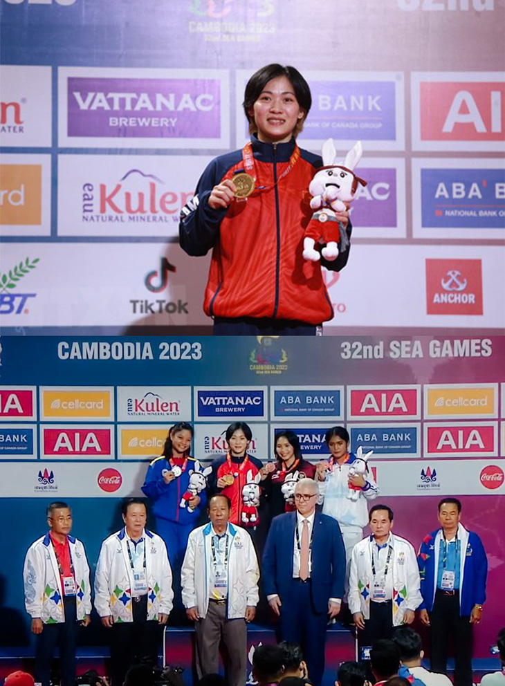 Võ sĩ Lê Thị Nhi - sinh viên Đại học Duy Tân - với huy chương vàng tại SEA Games 32