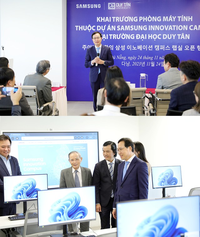 Ông Choi Joo Ho - Tổng Giám đốc Tổ hợp Samsung Việt Nam phát biểu và cùng lãnh đạo ĐH Duy Tân tham quan Lab máy tính mới