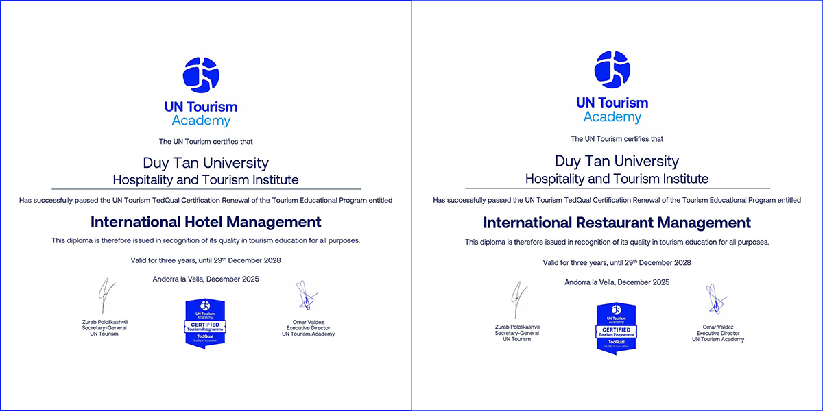 Chương trình Quản trị Khách sạn Quốc tế và Quản trị Nhà hàng Quốc tế đạt kiểm định UN Tourism TedQual