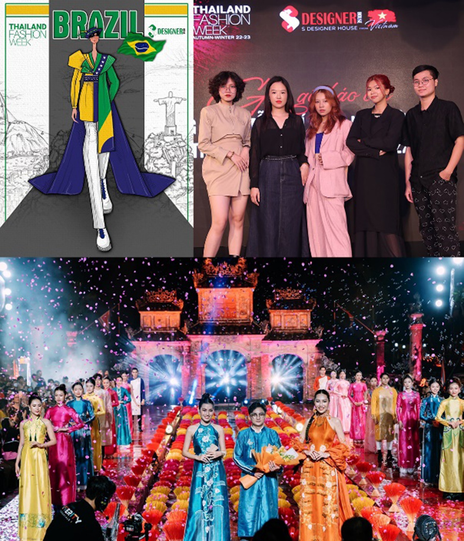 Sinh viên Phương Linh (thứ 3 từ phải sang, ảnh trên) với thiết kế tham dự Thailand Fashion Week 2022 và tham gia thiết kế trang phục áo dài trong show áo dài "Mỹ tục khả gia".