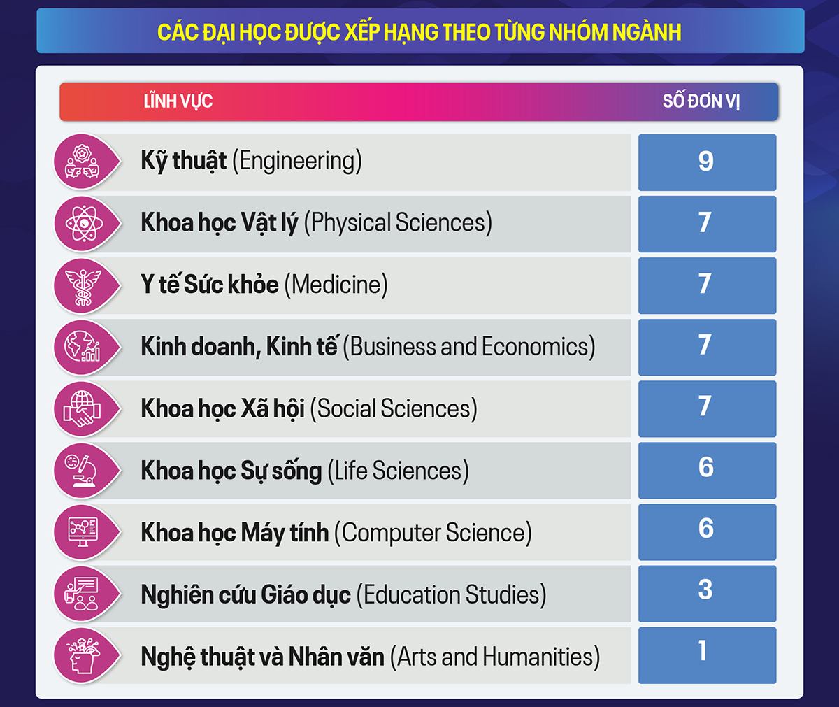 Bảng xếp hạng theo Nhóm ngành trên TIMES HIGHER EDUCATION (THE) 2026